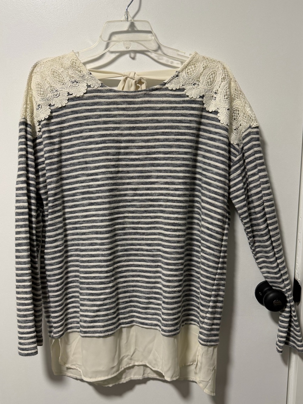 Style & Co. Long Sleeve Top with Stripes and Lace Detail | Size Large | Tie Back
